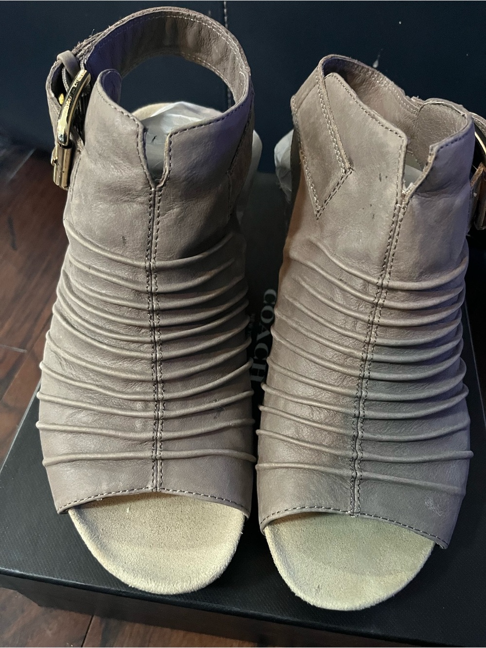 Earthies Taupe Ruched Peep-Toe Ankle Sandals with Buckle